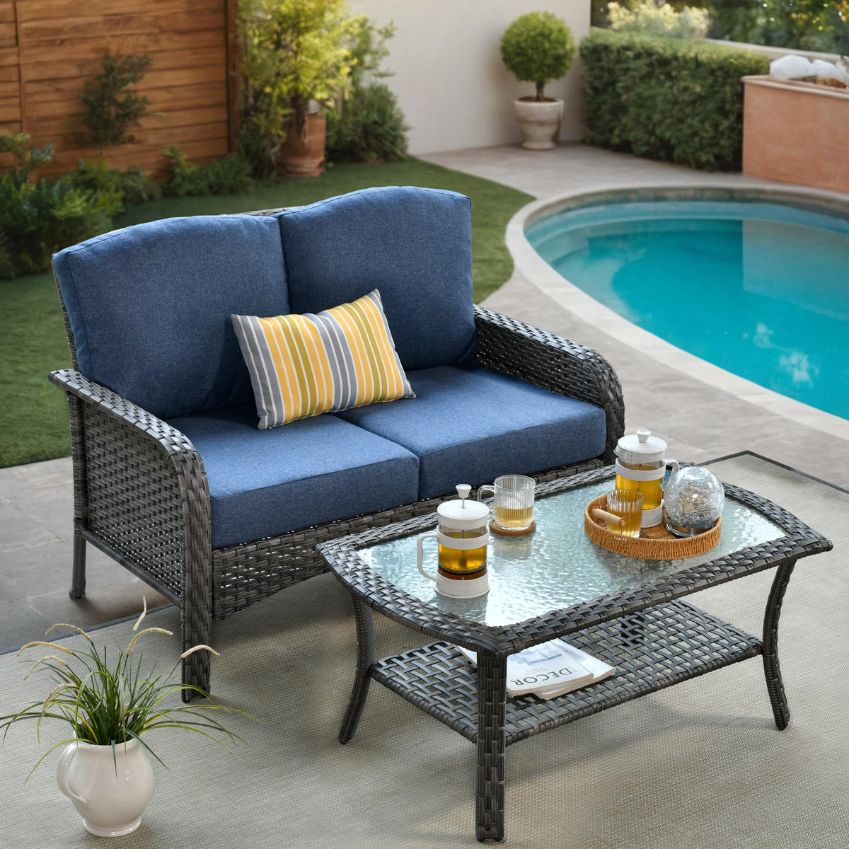 2 Pieces Blue Wicker Patio Bistro Set C61257