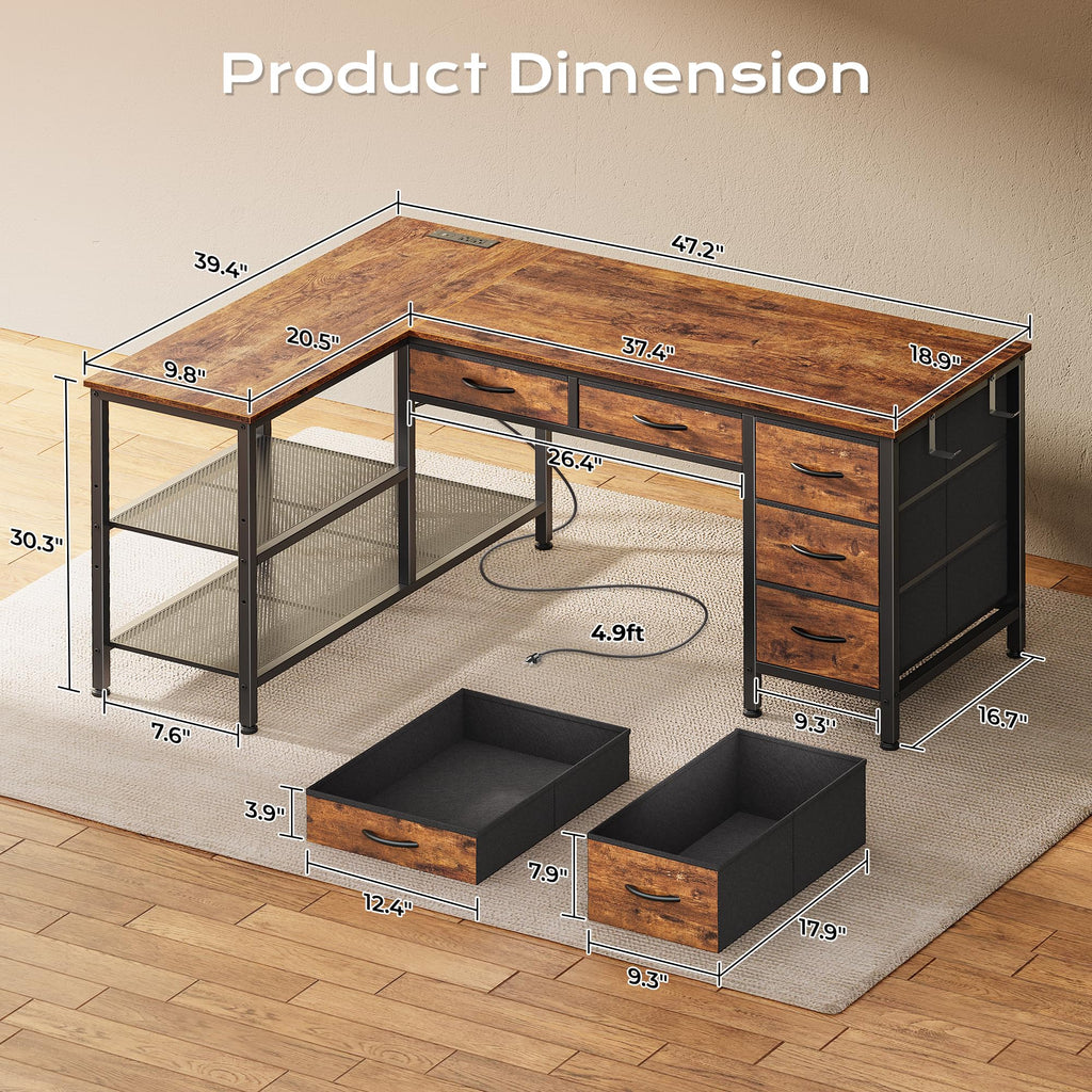 47 Inch L Shaped Desk with Power Outlets V9547