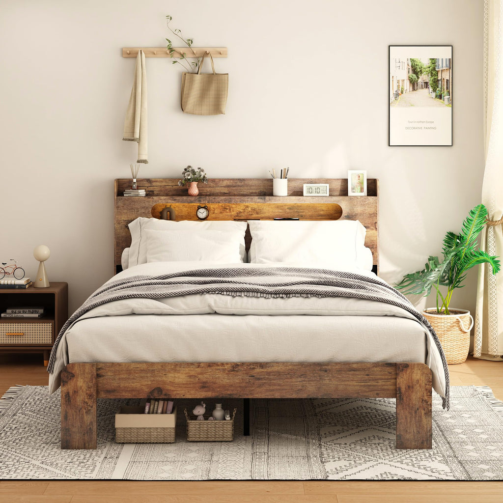 Wooden Full Bed Frame with Storage Headboard I46293