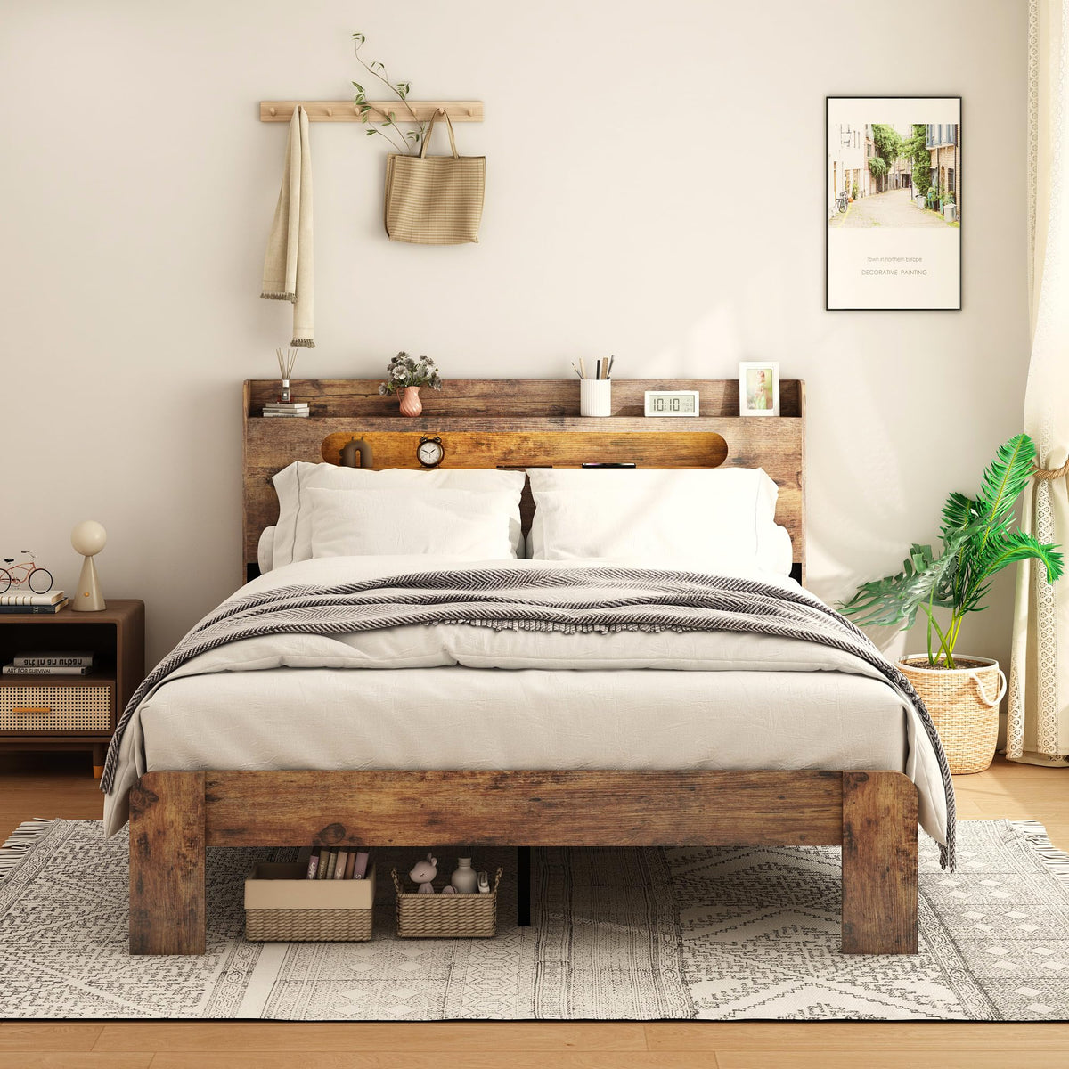 Wooden Full Bed Frame with Storage Headboard I46293