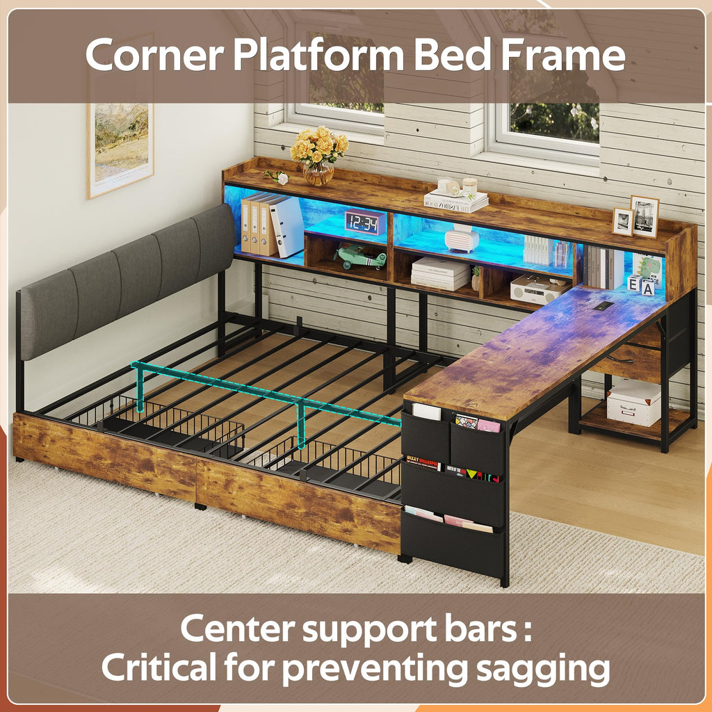 Corner Bed Frame Full Size with Storage & Desk A553
