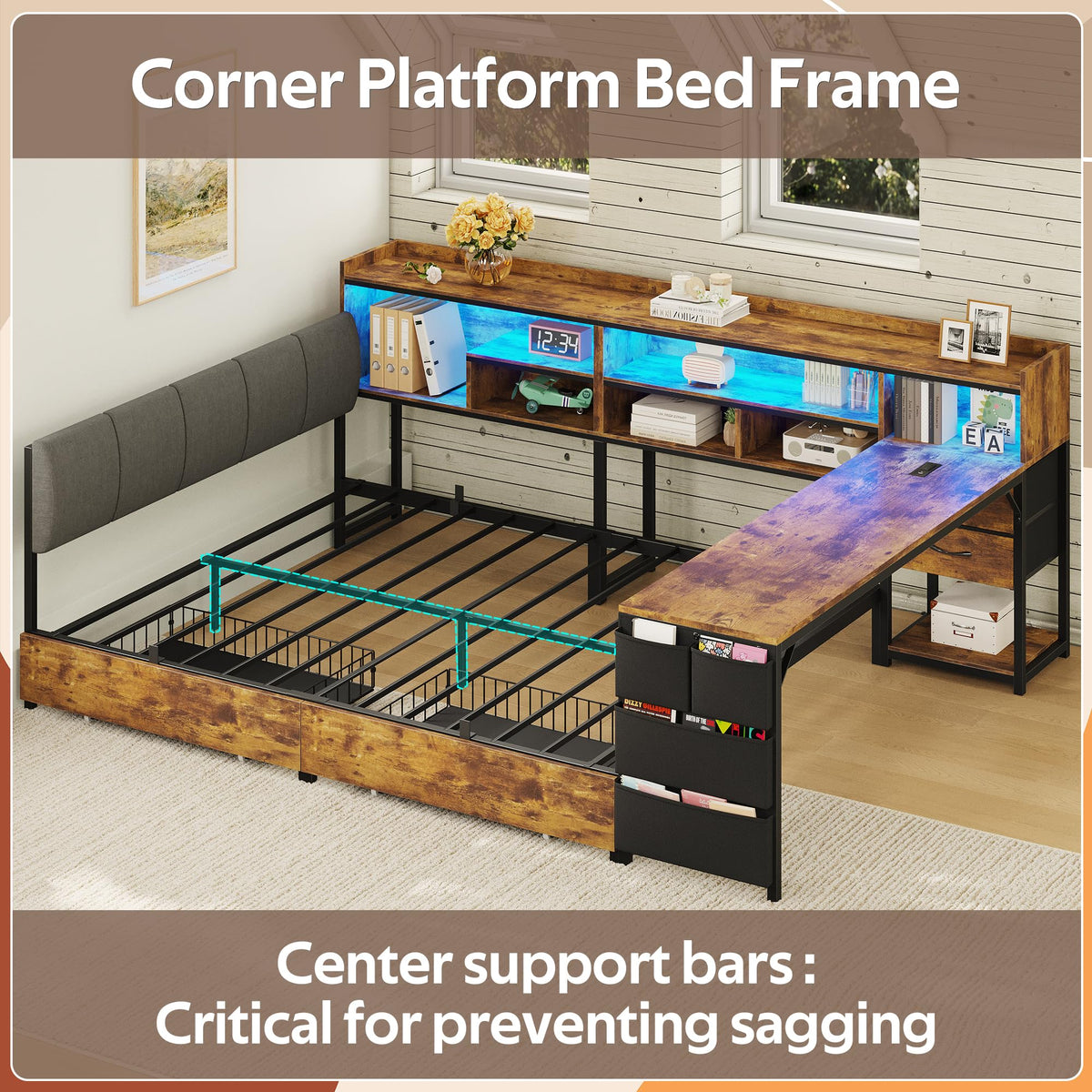 Corner Bed Frame Full Size with Storage & Desk A553