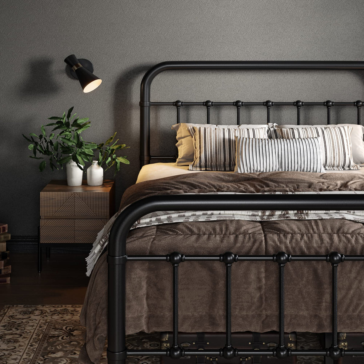 Full Metal Bed Frame with Victorian Iron-Art Headboard, Black X2262