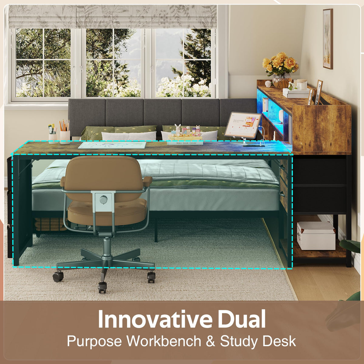 Corner Bed Frame Full Size with Storage & Desk A553