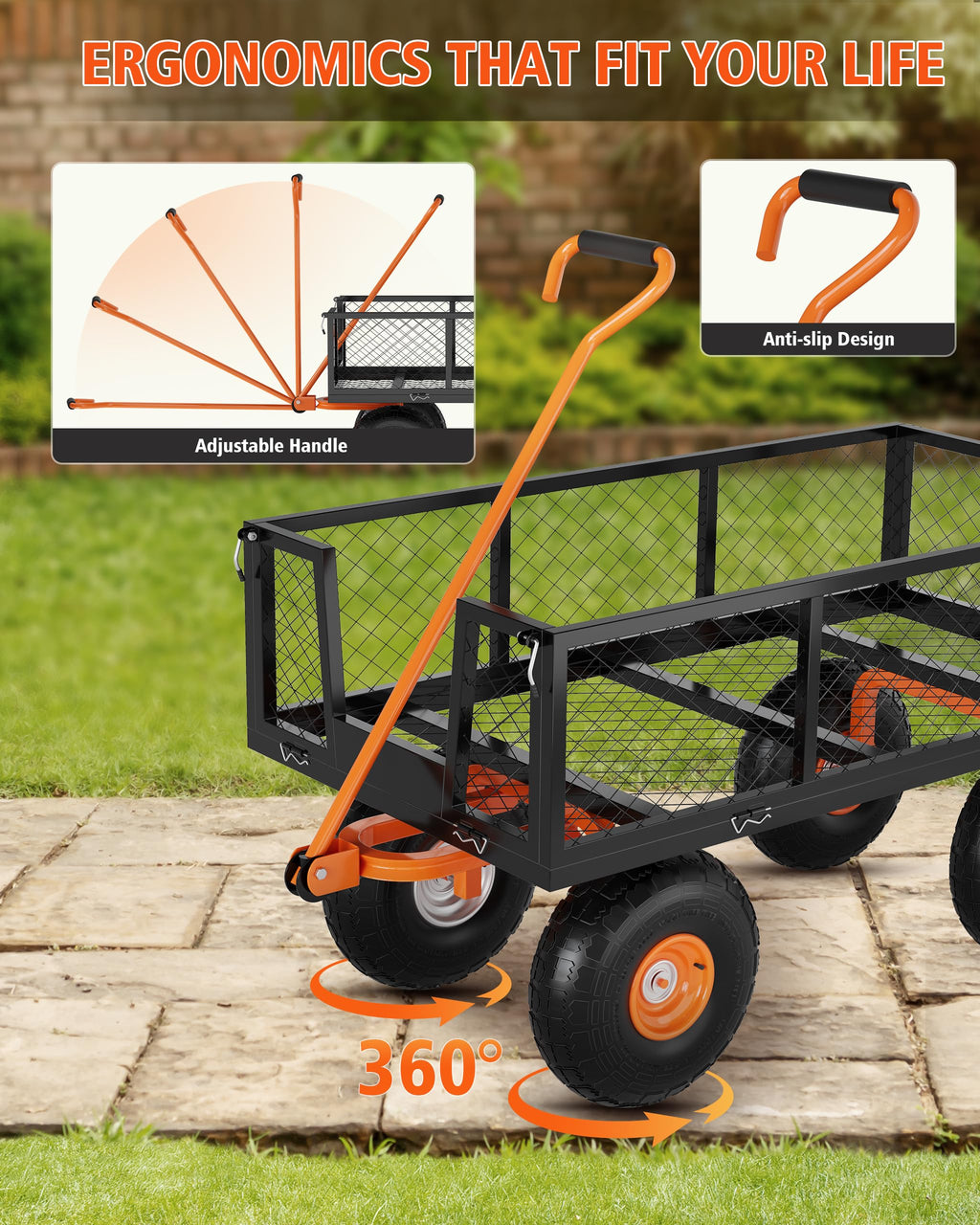 Heavy Duty Steel Garden Cart 900 LBS Capacity 3 in 1 Pullable Wagon with 10 in Wheels K651