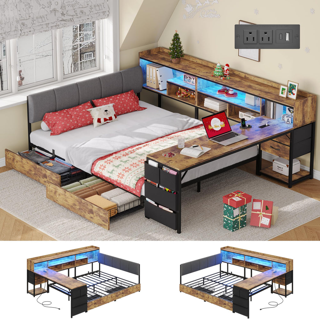 Corner Bed Frame Full Size with Storage & Desk A553