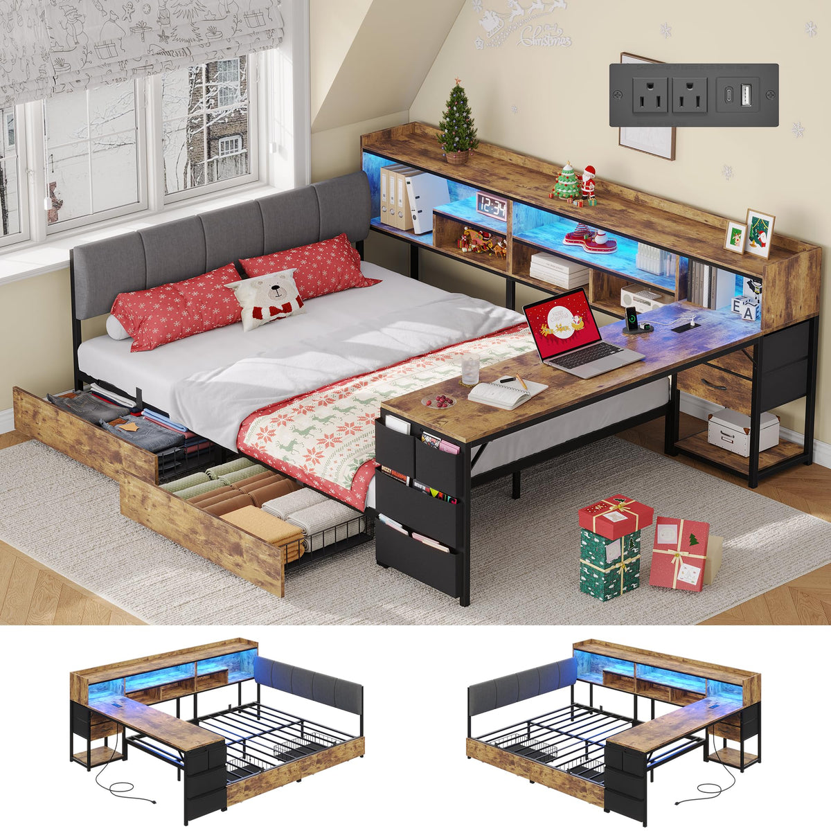 Corner Bed Frame Full Size with Storage & Desk A553