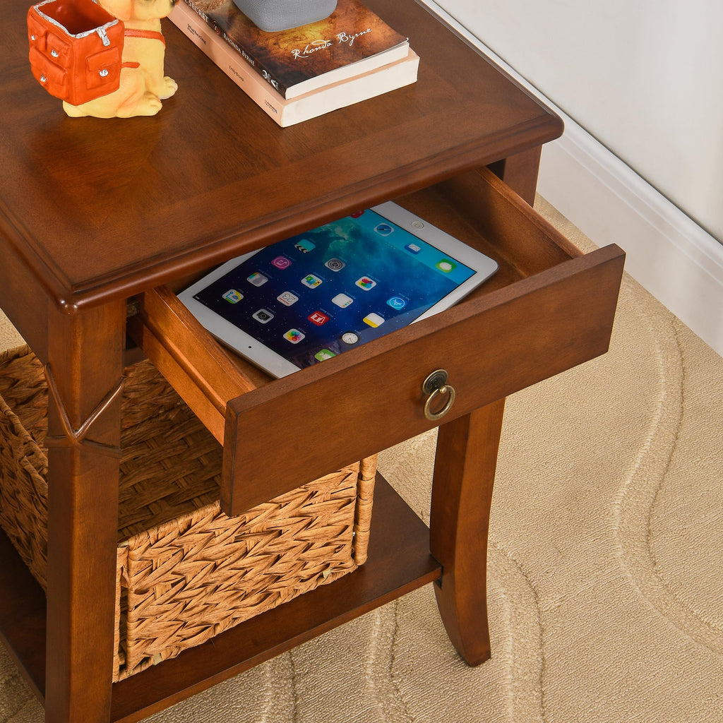 Small Solid Wood Side End Table with Drawer and Storage Shelf F6825